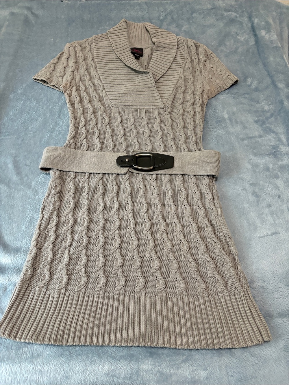 bebe Gray Cable Knit Shawl Collar Mini Dress with Belt - Picture 4 of 8